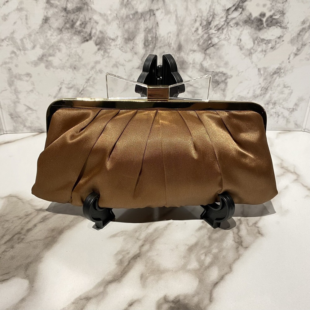 Vintage La Regale Bow Gold Peach Satin Clutch Purse Chain Convertable